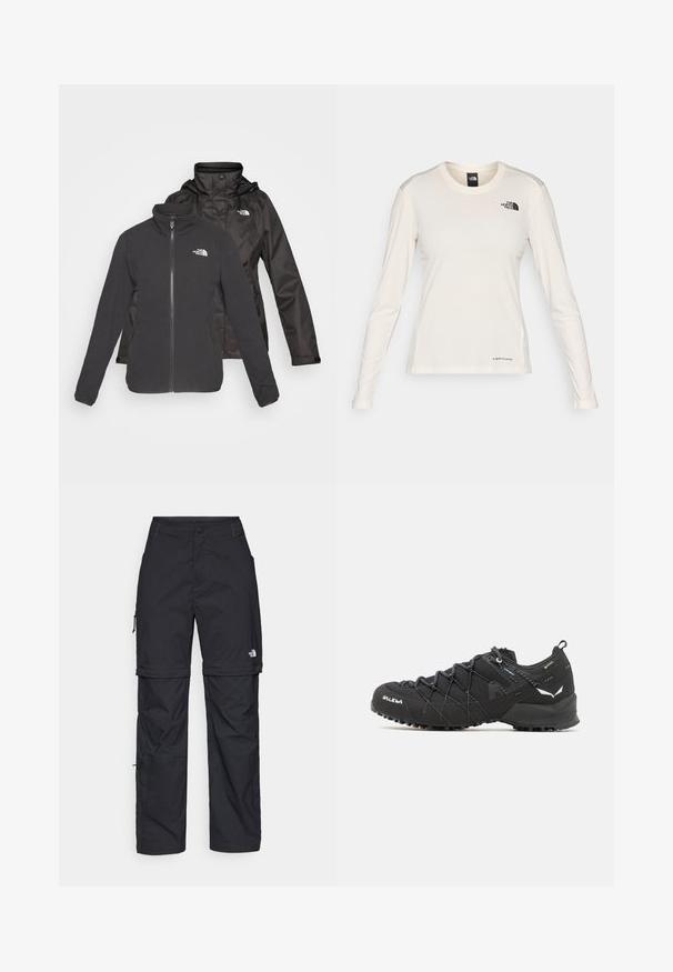 Must purjestik mustas: lukuga fliis seest ja veekindel kest kapuutsiga; sisaldab logo mõlemal kihil.; The North Face SHADOW LONG SLEEVE - Pikkade varrukatega topp - white dune; Mustad nailonist valmistatud eemaldatavad cargo-püksid, reguleeritavate pahkluudega, mitmete taskutega ja paremal jalal logoga. Sile, kerge tekstuur.; Mustad matkajalatsid tekstuurse kangas ülaosaga, sidumisüsteemiga ja jäiga kummitaldiga. Kaunistatud peegeldavate detailide ja logodega.