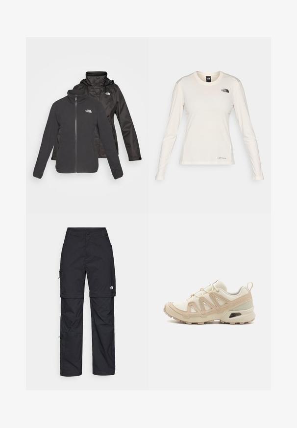 Giacca a due strati nera: fleece con zip frontale e colletto rialzato, con un guscio impermeabile dotato di cappuccio; include loghi su entrambi gli strati.; The North Face SHADOW LONG SLEEVE - Maglietta a manica lunga - white dune; Pantaloni cargo in nylon nero con zip rimovibile, polsini regolabili, molteplici tasche e un logo sulla gamba destra. Tessuto liscio e leggero.; Scarpa atletica beige e crema con tomaia in mesh testurizzato, sovrapposizioni supportive e suola in gomma con un motivo a tasselli per la trazione.