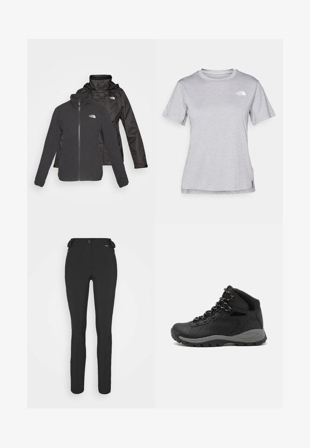 Must purjestik mustas: lukuga fliis seest ja veekindel kest kapuutsiga; sisaldab logo mõlemal kihil.; Hall juppuvarrega, pehmeast, niiskust eemaletõukavast kangast lühikeste varrukatega hall T-särk. Omab ümarat kaelust ning väikest valget logo vasakul ülal.; Mustad, hästi istuvad püksid, mis on valmistatud paindlikust materjalist. Omadusteks on lukuga küljetasku, artikeeritud põlved ja sile pind.; Mustarjaline matkasaabas, millel on keskmine disain, tekstuuriga ülemine osa, hallid aktsendid ja vastupidav kummist põhi, millel on haardelugesid.