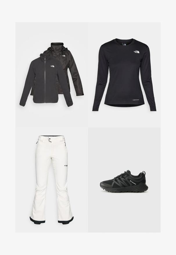 Casaco de duas camadas em preto: um fleece com fecho à frente e gola alta e uma casca impermeável com capuz; inclui logótipos em ambas as camadas.; The North Face SHADOW LONG SLEEVE - Camisola de manga comprida - black; Calças de esqui brancas feitas de um material suave e flexível. Apresenta uma cintura ajustada, pernas largas e evasê, e um acabamento preto nas bainhas. Logotipo da marca visível.; Columbia PEAKFREAK - Sapatos de caminhada - black