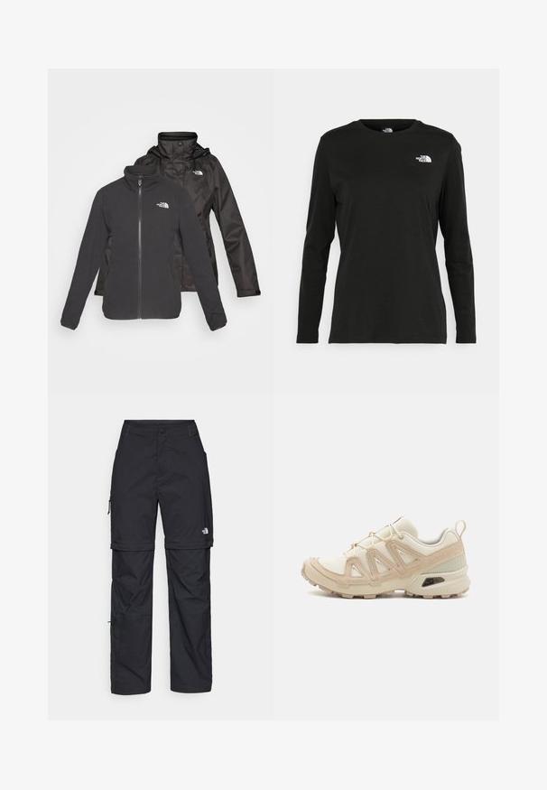 Tvålagersjacka i svart: en fleece med dragkedja framtill och ståkrage samt ett vattentätt skal med huva; inkluderar logotyper på båda lagren.; Svart långärmad t-shirt i bomull med rund hals. Har en liten vit logotyp på vänster bröstområde. Enkelt design och passform.; Svarta nylonbyxor med avtagbara ben, justerbara muddar, flera fickor och en logotyp på högra benet. Slät, lätt textur.; Beige och krämfärgad atletisk sko med texturerad meshovandel, stöttande överdrag och gummisulor med ett mönster för grepp.