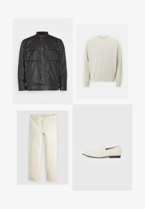 Belstaff RACEMASTER JACKET - Lehká bunda - burnt oak; Světle béžová mikina vyrobená z jemné látky s kulatým výstřihem, dlouhými rukávy a pružnými manžetami a spodním lemem. Minimalistický design, bez viditelných vzorů.; Svetlé béžové volné kalhoty s třemi kapsami, poutky na opasek a rovnými nohavicemi. Vyrobeno z měkké směsi bavlny.; Světlé béžové mokasíny s špičatou špičkou, hladkým materiálem, páskem přes nárt a nízkou hnědou podrážkou. Jednoduchý design s minimálními akcenty.