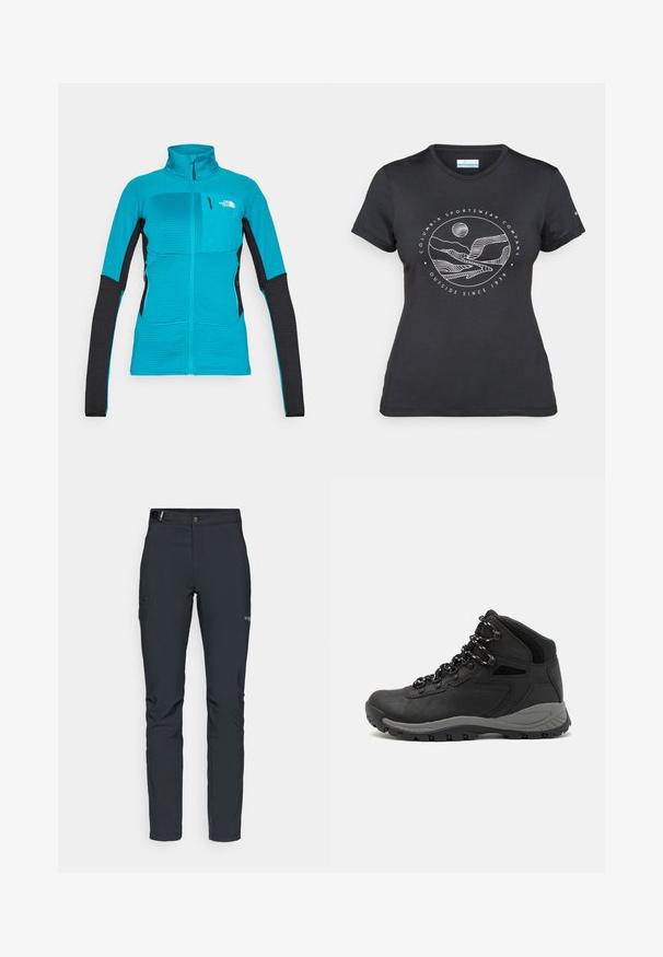 Moteriška zip-up striukė mėlynos spalvos su juodomis rankovėmis. Yra tekstūruotas raštas, du šoniniai kišeniai ir mažas kišenė ant krūtinės.; Juodas "Columbia" marškinėliai su balta apskrita kalnų ir upės linijų grafika bei tekstu "Columbia Sportswear Company Lauke nuo 1938 metų."; Vyrų lauko kelnės, tamsiai pilkos, pagamintos iš elastingos medžiagos, su diržu, užtrauktukais užtraukiamomis kišenėmis ir sustiprinta siūle.; Juodas žygio botas su vidutinio aukščio dizainu, pasižymintis tekstūruota viršutine dalimi, pilkų akcentų ir patvaria guma padanga su sukibimo gumbais.