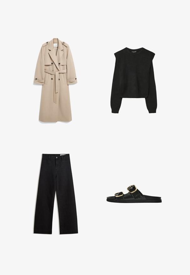 Trench coat beige in lana con bottoni doppi, spalline, rever ampi e una cintura coordinata. Tessuto morbido e lunghezza fino al ginocchio.; Maglione nero a maniche lunghe in maglia con spalle imbottite e polsini e orlo a coste, mostrato su uno sfondo bianco.; Pantaloni in denim neri a gamba larga con vita alta, dotati di tasche anteriori e posteriori, cuciture a punto, e chiusura con bottone. Texture liscia.; Infradito neri con due accenti di fibbia dorata, materiale dalla texture liscia, suola piatta e design minimalista.