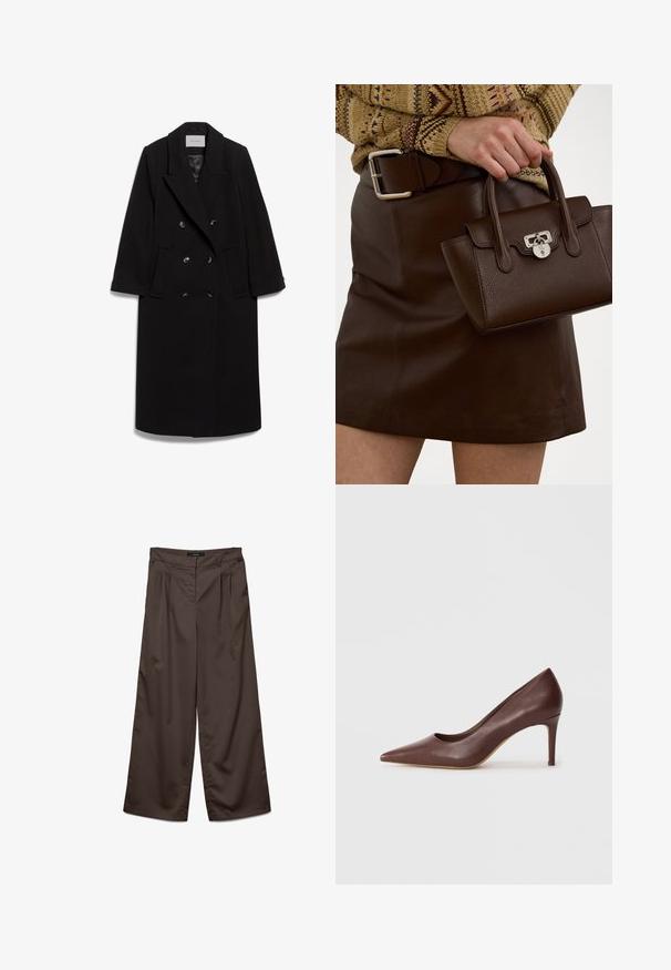 IVY OAK CLEMENCE - Klasický kabát - black; Černý rolák vyrobený z žebrované tkaniny. Dlouhé rukávy, přiléhavý střih a mírně uvolněný lem bez viditelných vzorů nebo kovových doplňků.; Široké kalhoty z tmavě hnědé látky s hladkou texturou. Mezi rysy patří sklady vpředu a standardní pas.; Hnědá kožená lodička s špičatou špičkou a elegantním designem, vybavená mírným stiletto podpatkem, s hladkým povrchem a minimálními akcenty.; Hnědá kožená kabelka s texturovaným povrchem a stříbrným hardwarem, drží ji ruka vedle hnědé kožené sukně a vzorovaného svetru.