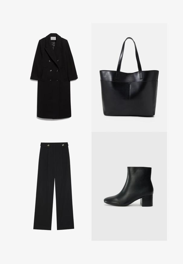 IVY OAK CLEMENCE - Klasszikus kabát - black; Fekete, hosszú ujjú felső, harang alakú mandzsettákkal, puha textúrával és laza szabással, egyszerű, kerek nyakkivágással.; Fekete, bő szárú nadrág magas derékkal, gombos részletekkel a derékrészen és elülső pliszékkal.; Fekete bőr bokacsizma hegyes orral és vastag sarokkal. Sima felület minimális díszítéssel és karcsú, passzos kialakítással.; Fekete bőr bevásárlótáska két hosszú fogantyúval, sima felülettel és strukturált formával. Elülső zseb található rajta a plusz tárolás érdekében.