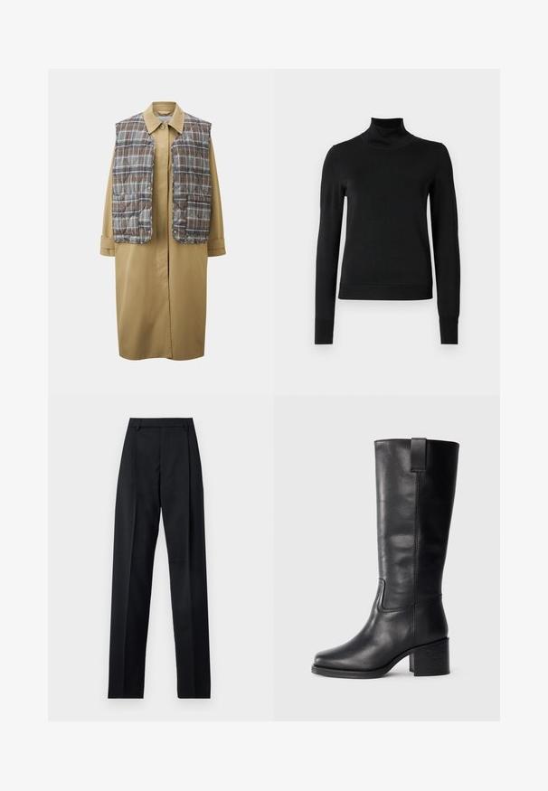 Beżowy długi płaszcz z brązową pikowaną kamizelką w kratę. Posiada klasyczny kołnierz, zatrzaski i luźne rękawy. Gładka tekstura i nowoczesny design.; Czarny sweter z długim rękawem i stojącym kołnierzem, z prążkowanymi mankietami i dołem, zaprezentowany na białym tle.; Czarne spodnie wykonane z gładkiego materiału, z wysokim stanem, szerokimi nogawkami, fałdami z przodu i klasycznymi szlufkami na pasek. Brak widocznych kieszeni bocznych.; Czarne skórzane botki do kolan o gładkiej fakturze, kwadratowym nosku, słupku oraz bocznym uchwycie, z minimalistycznymi detalami w postaci szwów.