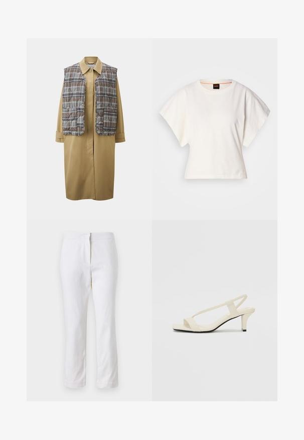 Bež dug kaput s smeškastim kariranim prslukom. Sa klasičnom ovratnikom, dugmadima na pritisak i širokim rukavima. Glatka tekstura i moderni dizajn.; Bijeli skraćeni T-shirt, široke kratke rukave, mekani pamučni materijal, okrugli izrez s suptilnim narančastim detaljem, minimalistički dizajn, bez uzoraka ili grafika.; Bijele pamučne hlače ravnog kroja, sa strukom srednje visine i bez vidljivih metalnih dijelova ili uzoraka. Glatka tekstura kroz cijelu dužinu.; Bež sandale na blok petu s tankim remenčićima i kvadratnim vrhom. Glatki materijal s minimalnim detaljima, dizajnirane za jednostavno nošenje.