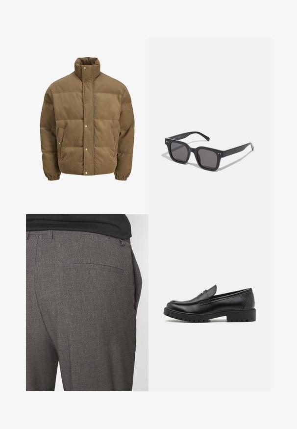 Brown corduroy puffer jacket with high collar, snap buttons, elastic cuffs, and side pockets, displayed on a white background.; Cream-colored pullover with a collared neckline, four-button closure, wide ribbed cuffs, and hem. Soft texture, relaxed fit, and minimal design.; Gray tailored trousers with a smooth texture, featuring a single back pocket and a slim fit design. Fabric has a subtle pattern.; Black leather loafers with a rounded toe, slip-on design, and thick rubber sole featuring a textured grip. Elevated heel and subtle stitching details.; Black rectangular sunglasses with dark lenses, featuring a thick frame, subtle accents on the sides, and no visible logos beyond the brand name.; Cotton tote bag in cream with a large teal logo featuring curved lines. The bag has sturdy fabric handles for carrying.