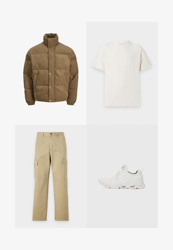 Veste matelassée en corduroy marron avec col haut, boutons pression, poignets élastiques et poches latérales, présentée sur un fond blanc.; T-shirt blanc à manches courtes en texture côtelée. Encolure ronde, coupe décontractée, sans motifs ni accents visibles. Design simple et polyvalent.; Pantalons cargo beiges en coton, dotés de deux poches latérales, d'une fermeture à bouton et de jambes droites avec un tissu légèrement texturé.; Baskets blanches de sport avec un dessus en maille texturée, des lacets plats et une semelle rembourrée avec des chambres à air visibles pour un soutien supplémentaire.