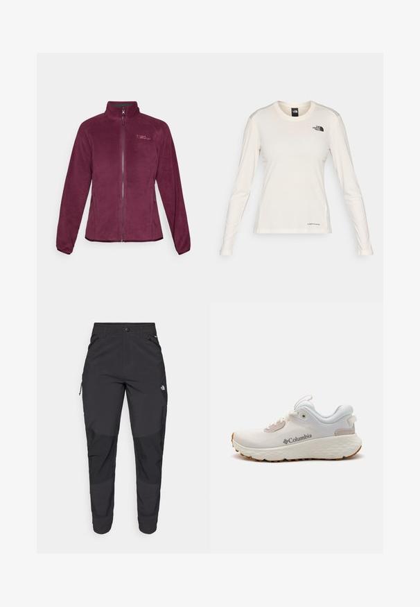 Veste polaire bourgogne avec fermeture éclair, col montant et deux poches latérales. Présente un détail de logo sur la poitrine et une texture lisse.; The North Face SHADOW LONG SLEEVE - T-shirt à manches longues - white dune; Pantalons noirs d'extérieur en tissu durable. Dotés de poches zippées, de panneaux de genoux renforcés et d'une coupe droite pour une meilleure mobilité.; Chaussure de sport Columbia légère en mesh blanc avec une semelle texturée grise et une traction en caoutchouc. Dotée d'un collier rembourré et d'un design à lacets.