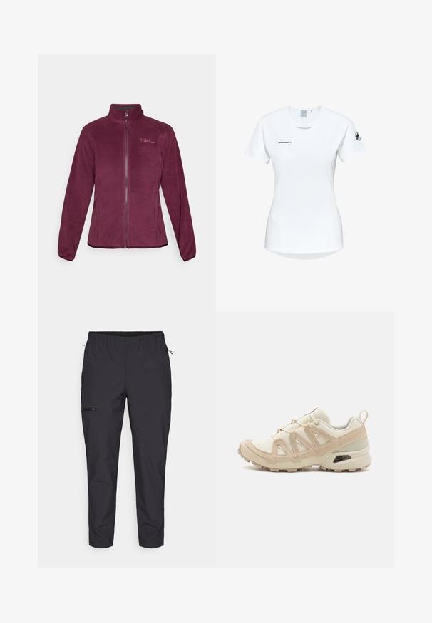 Fleecejakke i burgunder med lynlås, ståkrave og to sidelommer. Har logodetalje på brystet og en glat tekstur.; Kortærmet hvid sportsshirt med rund hals, prydet med et logo på brystet og en glat, let stofstruktur.; Jack Wolfskin PRELIGHT TRAIL - Outdoorbukser - black; Beige og creme atletiksko med struktureret mesh-overdel, støttende overlays og gummiyderside med et mønster for trækkraft.