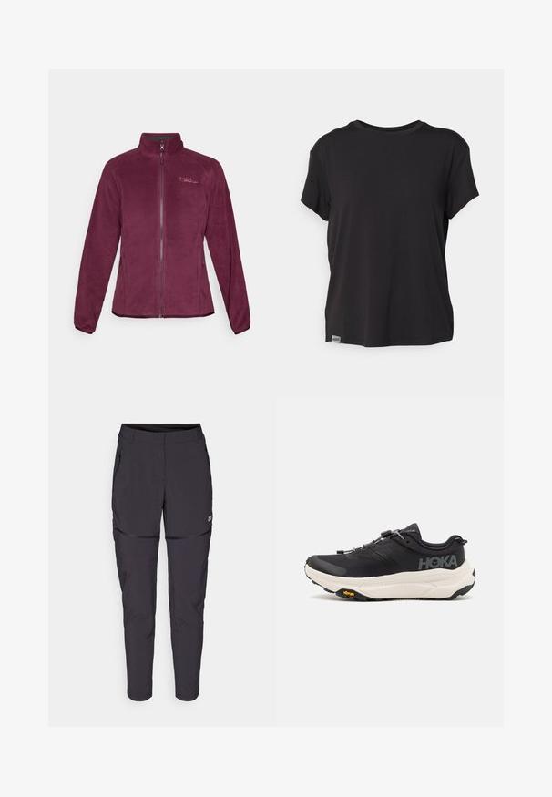 Chaleco de forro polar en burdeos con cierre de cremallera, cuello alzado y dos bolsillos laterales. Presenta un detalle de logo en el pecho y una textura suave.; Camiseta negra de manga corta hecha de tela suave, con un cuello redondo y una pequeña etiqueta con el logo en el dobladillo inferior izquierdo.; Pantalones negros ligeros hechos de un material elástico; cuentan con bolsillos con cremallera, un ajuste entallado y rodillas con cremallera para ventilación o conversión.; Zapatillas deportivas negras con parte superior de malla transpirable, suela de goma, entresuela blanca acolchada y cordones reflectantes. Logo de Vibram en la suela.