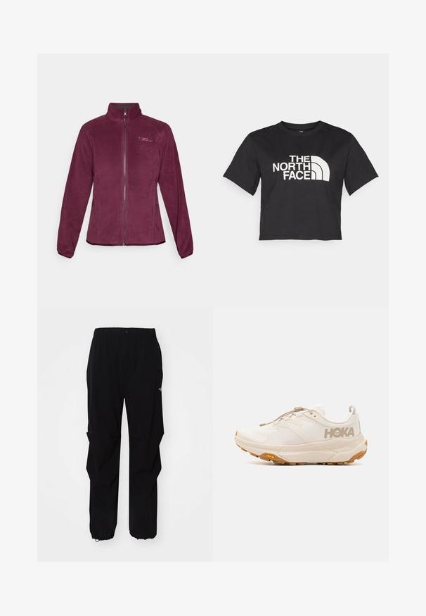 Burgundijas fleeces jaka ar rāvējslēdzēja aizdari, stāvus apkakli un divām sānu kabatām. Iezīmē logotipa detaļa uz krūtīm un gluda tekstūra.; Melnā īsā t-kreklā no kokvilnas, ar baltu logo un izliektiem akcentiem, uz kura ir uzraksts "THE NORTH FACE" priekšpusē. Īsas piedurknes, apaļa izgriezuma kakla daļa.; Melnas āra bikses, kas izgatavotas no izturīga materiāla, ar brīvu piegriezumu, elastīgu jostu un savilktiem rāvējslēdzējiem, lai pielāgotu garumu.; HOKA TRANSPORT - Pārgājienu apavi - eggnog