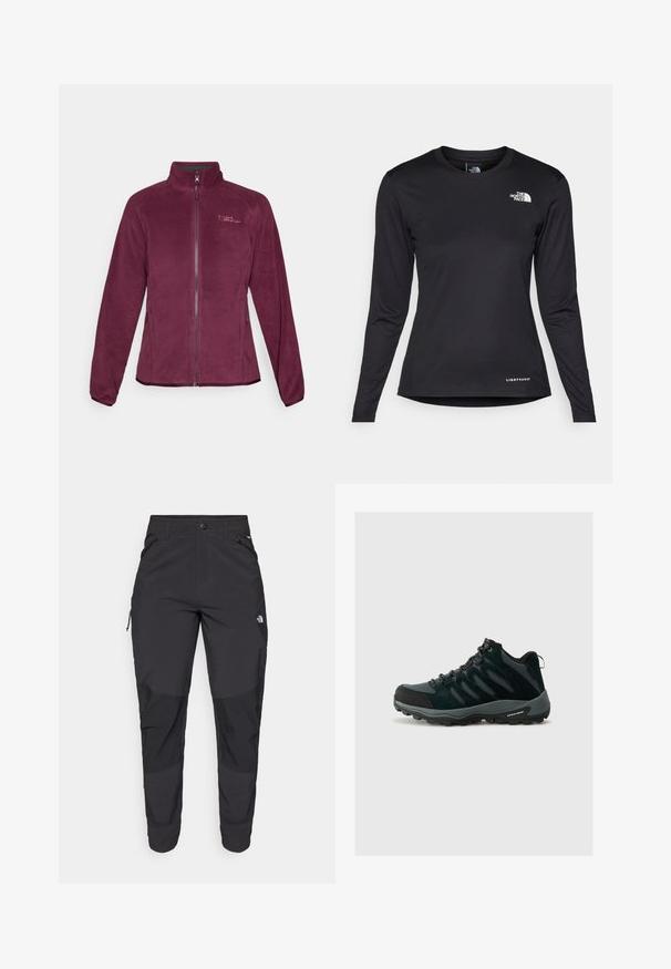 Fleece jacket in burgundy with zip closure, stand collar, and two side pockets. Features logo detail on chest and smooth texture.; The North Face SHADOW LONG SLEEVE - Long sleeved top - black; Black outdoor pants made of durable fabric. Feature zippered pockets, reinforced knee panels, and a straight cut design for mobility.; Columbia REDMOND - Hiking shoes - black/citron haze