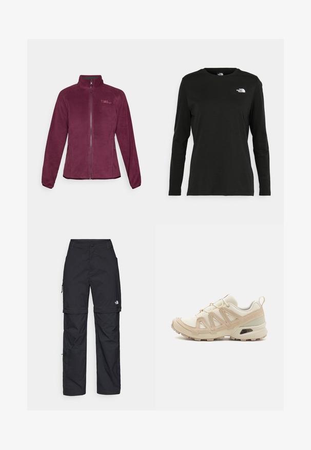 Fleecejakke i burgunderrød med glidelås, ståkrage og to sidelommer. Har logo detalj på brystet og glatt tekstur.; Svart langermet T-skjorte laget av bomull med rund hals. Har en liten hvit logo på venstre brystområde. Enkelt design og passform.; Svarte nylon cargo-bukser med glidelås og justerbare mansjetter, flere lommer og en logo på høyre bein. Glatt, lett tekstur.; Beige og krem joggesko med teksturert mesh-overdel, støttende overlegg og gummisåle med et mønster for godt grep.