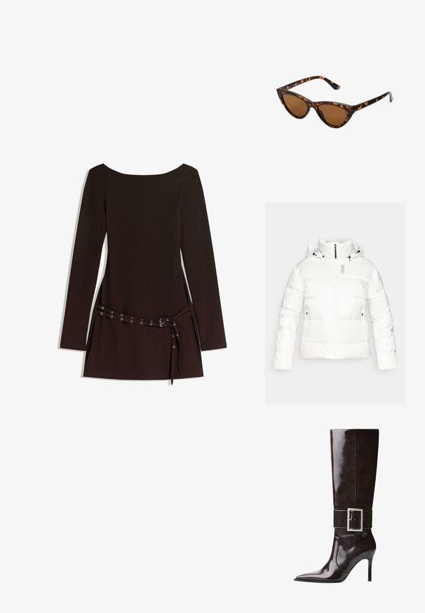 Giacca bianca in tessuto puffo con colletto alto, zip frontale e cappuccio regolabile. Presenta tasche laterali e il nome del marchio "COLMAR" in grigio sul petto.; Abito nero a maniche lunghe con scollatura ampia, caratterizzato da una vita cinturata con occhielli in metallo e una texture di tessuto liscia.; Stivale in morbida pelle marrone scuro, alto fino al ginocchio, con punta affusolata, tacco a stiletto e ampia fascia con grande fibbia rettangolare in argento.; Occhiali da sole cat-eye con una montatura tartarugata nera e arancione, lenti marroni e punte affusolate e eleganti. Presentano un logo minimale sulla asta.; La borsa a tracolla dorata presenta un tessuto testurizzato con borchie metalliche rotonde, una placca con logo triangolare e una tracolla a catena con occhielli metallici rotondi.