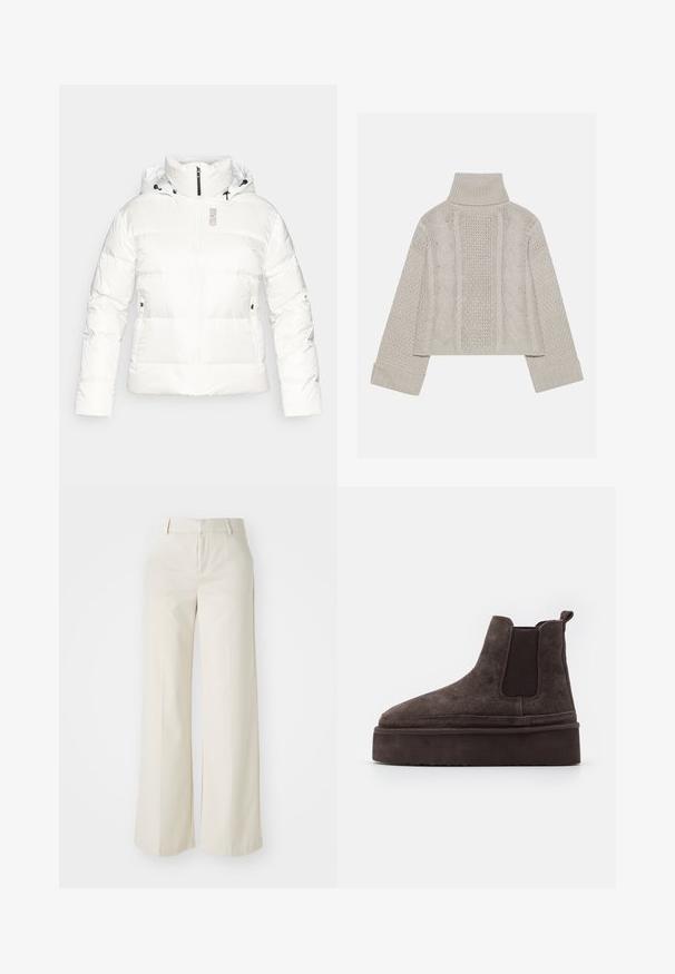White puffy jacket with a high collar, front zip, and drawstring hood. Features side pockets and the brand name "COLMAR" in grey on the chest.; Cropped, light gray knit sweater with a high collar and ribbed cuffs, featuring textured cable patterns down the back and sides.; Wide-leg trousers in a light beige color, made of a smooth fabric. Features a classic waistband and flat front with clean lines.; Brown suede Chelsea boots with elastic side panels and a thick, textured platform sole. Features a pull tab at the heel for ease of wear.