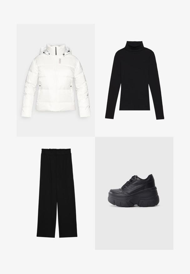 Bela puhasta jakna z visokim ovratnikom, sprednjim zadrgo in kapuco s vrvico. Ima stranske žepe in ime blagovne znamke "COLMAR" v sivi barvi na prsih.; Črna majica s puloverjem in dolgimi rokavi, izdelana iz rebraste tkanine, ima prilegan kroj s visokim ovratnikom in brez vzorcev ali okrasnih elementov.; Črne široke hlače s nabranim pasom, ki imajo dva stranska žepa in so izdelane iz gladkega, lahkega blaga. Brez vidnih vzorcev ali kovinskega okova.; Črne vezalke čevlji s debelim podplatom, z gladkim usnjem na vrhu, okroglo konico in izrazitim plastastim oblikovanjem podplata.