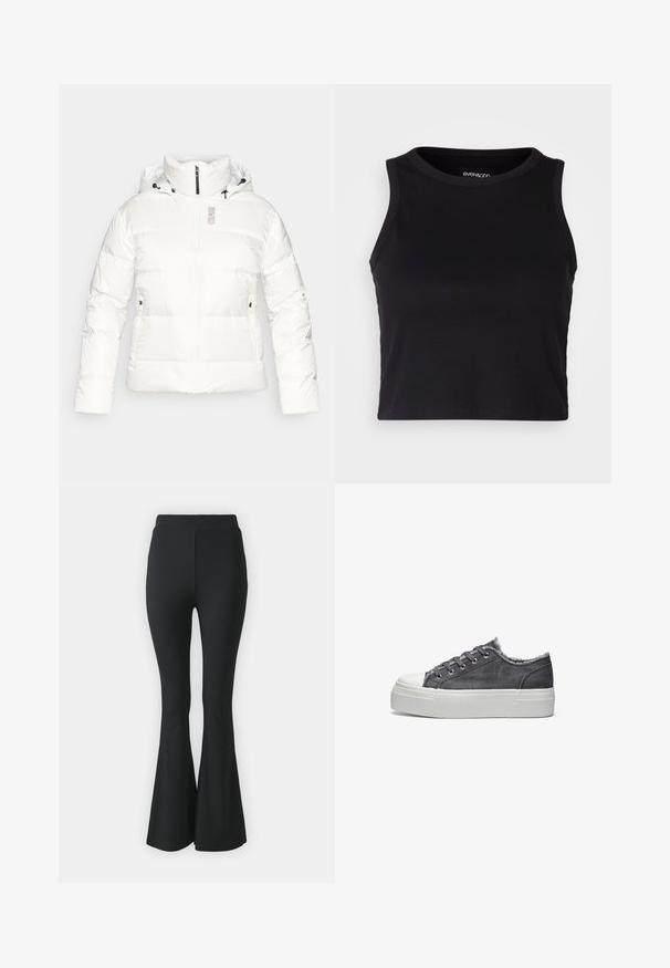 Giacca bianca in tessuto puffo con colletto alto, zip frontale e cappuccio regolabile. Presenta tasche laterali e il nome del marchio "COLMAR" in grigio sul petto.; Top corto a costine nero con scollatura rotonda e design senza maniche. Realizzato in tessuto morbido ed elastico, presenta bordi rifiniti con cura.; Pantaloni neri a campana realizzati in tessuto elastico. Presentano una vita alta e un design liscio e aderente che si allarga dal ginocchio in giù.; Sneaker in denim grigio con suola in gomma bianca, caratterizzate da bordi sfilacciati, lacci grigi e design della punta arrotondata. Stile classico low-top.