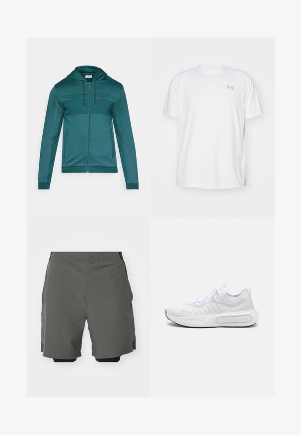 Τιρκουάζ φούτερ με φερμουάρ φτιαγμένο από λείο υλικό, με κουκούλα που ρυθμίζεται με κορδόνι, υφή στην άνω πάνελ και ριμπ μανσέτες και τελείωμα.; Λευκή αθλητική μπλούζα κοντού μανικιού από απαλό ύφασμα. Διαθέτει στρογγυλή λαιμόκοψη και γκρίζο λογότυπο στο αριστερό στήθος, με πλαϊνές σχισμές στο τελείωμα.; Γκρι αθλητικά σορτς με απαλό, ελαφρύ ύφασμα και ελαστική μέση, διαθέτοντας εσωτερικά σορτς συμπίεσης και πλαϊνές τσέπες.; Λευκό αθλητικό παπούτσι με υφασμάτινη πλέξη στην επάνω επιφάνεια, κλείσιμο με κορδόνια, μαλακή σόλα και διακριτικό λογότυπο στο πλάι.
