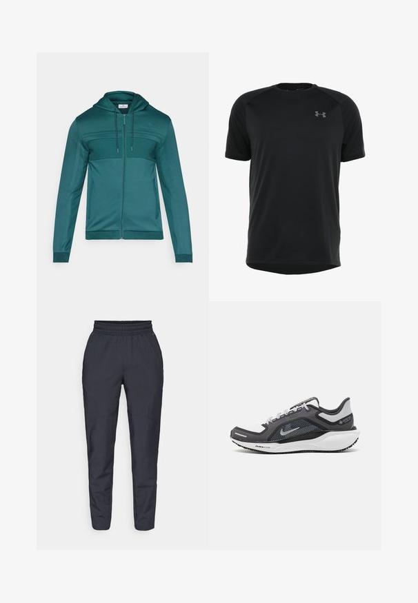 Sweatshirt com fecho éclair na cor azul-verde, feito de material suave, apresentando um capuz com cordão, um painel superior texturizado e punhos e bainha canelados.; Camisa atlética preta de manga curta feita de um tecido liso e leve. Apresenta um decote arredondado e um logótipo discreto no peito.; Calças ajustadas em azul-marinho fabricadas em tecido suave, com um cós elástico, bolsos laterais e uma textura lisa com detalhes de costura subtis.; Sapatilha atlética preta e cinza com parte superior em malha, detalhes reflexivos e uma entressola branca. Apresenta uma sola de borracha texturizada e atacadores.