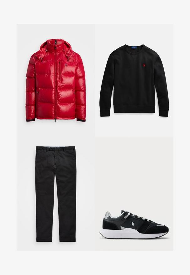 Casaco puffer vermelho com um exterior de nylon brilhante, secções acolchoadas, gola alta, capuz destacável e fechos de correr nos bolsos e à frente.; Sweatshirt preta de gola redonda feita de algodão, com um pequeno logotipo vermelho no lado esquerdo do peito, e punhos e bainha canelados.; Chinos pretos com um corte reto, feitos de tecido em mistura de algodão, apresentando fecho de zíper, passantes para cinto e bolsos laterais. Textura suave.; Sapatilha baixa em preto e branco com parte superior em malha e camurça, atacadores brancos, sola branca e um logo de jogador de polo na lateral.