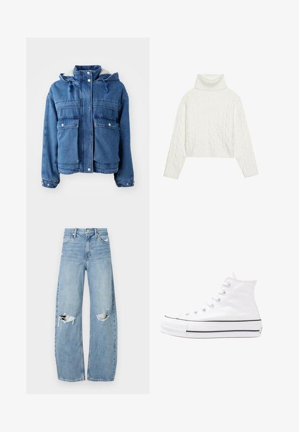 Džinsinis švarkas su užtrauktuku ir spaudėmis, dviem krūtinės kišenėm, reguliuojama kapuce ir fliso pamušalu, vidutinio mėlynumo atspalvio.; Balta pynimo kabeliu megztukė su pakeltu kaklu ir trumpa siluetu, turinti raibą antkaklį ir apačią. Minkšta tekstūra su jaukia, masyviu dizainu.; Šviesiai mėlynos, aukštu juosmeniu džinsai pagaminti iš džinsinio audinio. Turi plačias kojų kelnes, dvi suplėšytas kelio vietas ir klasikinį penkių kišenių dizainą.; Balti aukštakulniai drobės sportbačiai su juodu guminio pado, priekinio guminio piršto dangteliu ir šešiais akytėmis raištams, pasižymintys švariu, minimalistiniu dizainu.