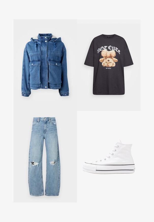 Casaco de ganga com fecho de zíper e botão de pressão, dois bolsos no peito, capuz ajustável e forro em fleece, na tonalidade azul média.; T-shirt oversized preto com uma gráfica de um urso e o texto "NÃO FOFO, MAS SELVAGEM" em letras brancas e em negrito. Material em algodão.; Jeans de lavagem clara, de cintura alta, feitos de denim. Apresentam pernas largas, duas áreas rasgadas nos joelhos e o estilo clássico de cinco bolsos.; Sapatilha alta de tela branca com sola de borracha preta, bico de borracha na frente e seis ilhós para os atacadores, apresentando um design limpo e minimalista.