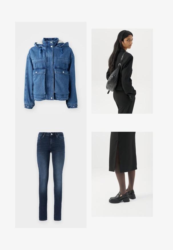 Denimjakke med glidelås og trykknapplukking, to brystlommer, justerbar hette og fleecefôr, i en mellomblå tone.; Hvit ermeløs tanktop laget av ribbet stoff, med rund hals og en tettsittende silhuett, med minimale sømmer og ingen dekorasjoner.; Mørkeblå skinny jeans laget av denim, med en klassisk fem-lommers design, knappestang og subtil fading på lårene.; Sorte lærersko med rund tå, tykk blokkheel og elastiske sideaksenter, sammen med mørke strømpebukser og et svart skjørt med splitt.; Kvinne med langt mørkt hår iført et svart jakkesett, som bærer en svart skinn skulderveske, og ser over skulderen mot en hvit bakgrunn.; Sølv hoops øredobber med en tvistet design, som har en polert finish og bakstøtte. Mål omtrent 3 cm i diameter.