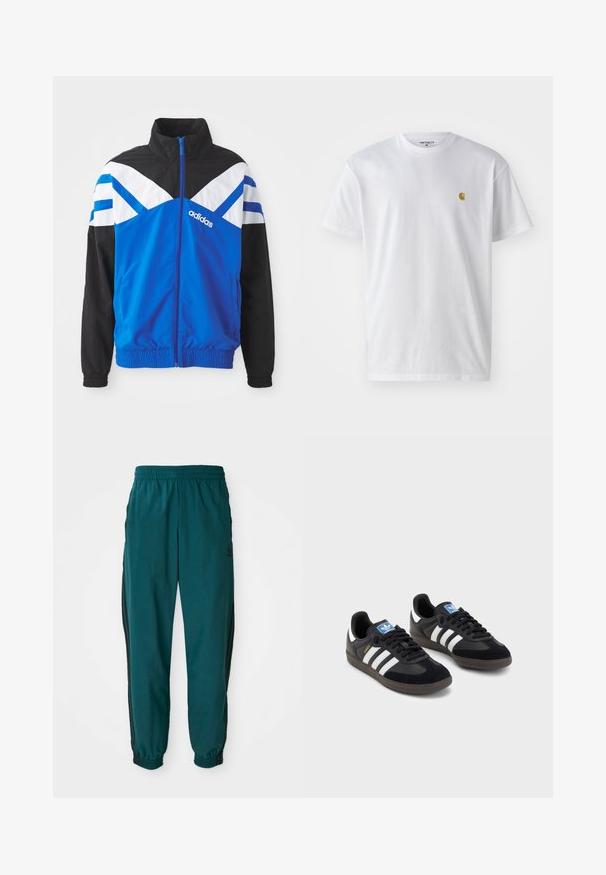 Casaco corta-vento azul e preto com padrão em chevron branco e azul, fecho de zip, punhos elásticos e bolsos laterais. Logótipo da Adidas exibido.; T-shirt branca de algodão com mangas curtas, decote redondo, apresentando um pequeno logótipo dourado na área do peito esquerdo. Textura macia e ajuste regular.; Calças de treino em teal com cintura ajustável por cordão, punhos elásticos e riscas pretas laterais. Fabricadas em tecido leve, apresentam um logótipo perto do quadril.; Sneakers pretos com parte superior em camurça e sintético, apresentando três riscas brancas, sola de borracha texturizada e etiqueta azul no linguete.