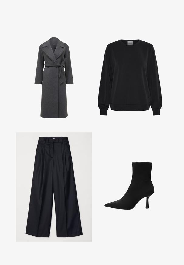 Šedý vlněný kabát s dlouhými rukávy, širokými klopami a páskem v pase. Má rovný střih a měkkou, texturovanou tkaninu.; Černá mikina s dlouhými rukávy, kulatým výstřihem a žebrovanými manžetami. Disponuje hladkou texturou a diskrétním logem na přední straně.; Černé kalhoty s širokými nohavicemi vyrobené z hladkého materiálu, s vysokým pasem, sklady a přizpůsobeným střihem. Jednoduché černé kování v pase.; Černá kotníková bota vyrobená z hladké textilie, s špičatou špičkou a úzkým stiletto podpatkem, s bezešvým designem a bez viditelného kování.