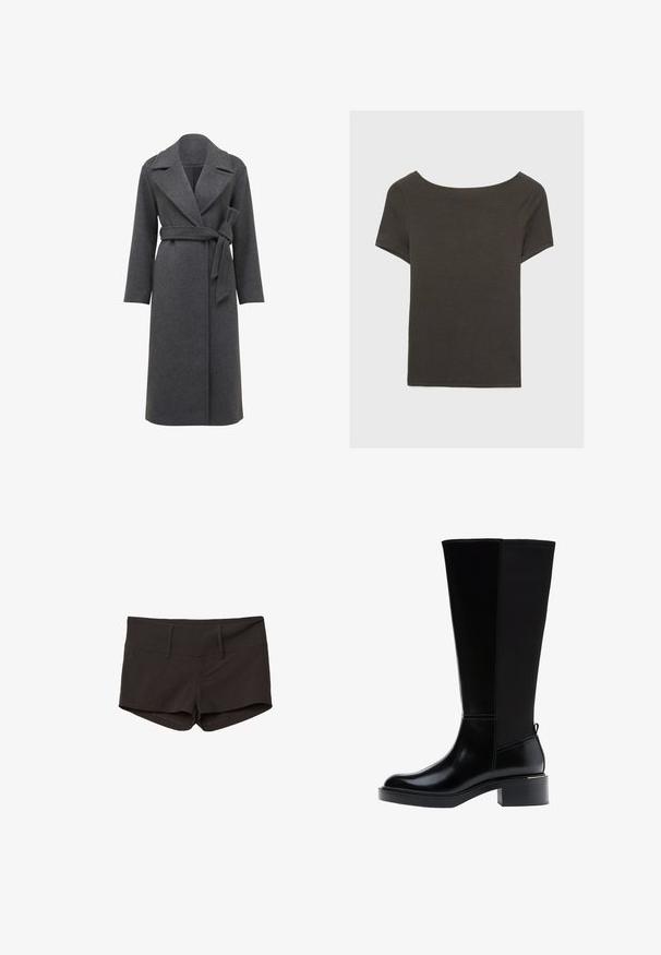Sivý vlnený kabát s dlhými rukávmi, širokými klopami a opaskom v páse. Má rovný siluetu a mäkkú, štruktúrovanú tkaninu.; Tmavošedý top s krátkym rukávom a lodičkovým výstrihom. Vyrobený z rebrovanej látky, s voľným strihom a čistým lemovaním. Jednoduchý dizajn, bez vzorov.; Čierne bavlnené šortky s priliehavým strihom, s hladkou textúrou a dvoma prednými vreckami. Stredne vysoký pás a bez zreteľných vzorov.; Čierna čižma po kolená s hladkým koženým povrchom, výrazným šitím, masívnym podpätkom a textúrovaným zadným panelom pre väčší záujem.