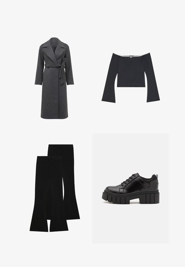 Grå uldfrakk med lange ærmer, brede klapper og bælte i taljen. Har en lige silhuet og blødt, tekstureret stof.; Sort off-shoulder crop top med lange klokkeærmer, en glat tekstur og en hvid kant langs udskæringen. Ryggen har en dekorativ knude-detalje.; Sorte flagrende bukser lavet af strækstof, med en høj talje og en glat tekstur, i et tætsiddende design der flares ud fra knæet.; Sorte læder platform sko med en klodset blokhæl, rund tå og traditionelt snøredesign. Har en glat tekstur og minimal detaljering.