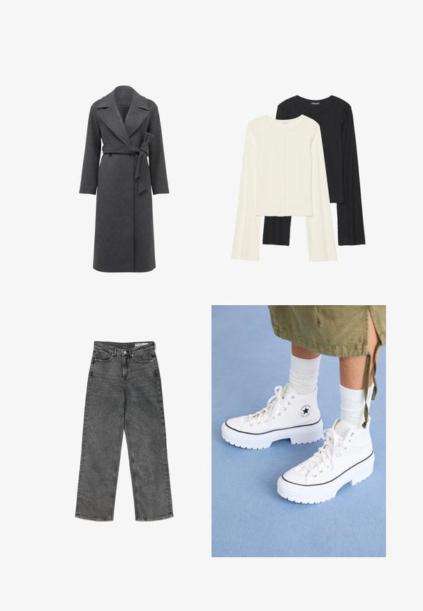 Cappotto di lana grigio con maniche lunghe, ampi colli e vita con cintura. Presenta una silhouette dritta e un tessuto morbido e texturizzato.; Set di due maglie a maniche lunghe, bianche e nere. Texture a coste, scollo tondo, design aderente con maniche leggermente svasate.; Jeans dritti a vita alta neri lavati, con tasche frontali, passanti per la cintura, chiusura con bottone e etichetta interna con brand.; Sneaker alte bianche con tomaia in canvas testurizzato, punta in gomma e suola platform spessa bianca. Presenta dettagli e occhielli neri.