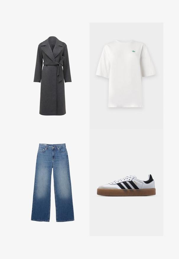 Grijze wollen jas met lange mouwen, brede revers en een tailleband. Heeft een rechte silhouet en een zachte, gestructureerde stof.; Witte t-shirt van katoen, met korte mouwen en een ronde hals. Een klein groen logo is geplaatst op de linkerborst.; Wijdvallende, lichtblauwe denim jeans met een verouderde uitstraling, vijf zakken en een knoopsluiting bij de taille. Katoenen materiaal, rechte pasvorm.; Witte leren sneakers met zwarte strepen, gumrubberen buitenzool, ronde neus, vetersluiting en een zachte grijze suède neuskap.