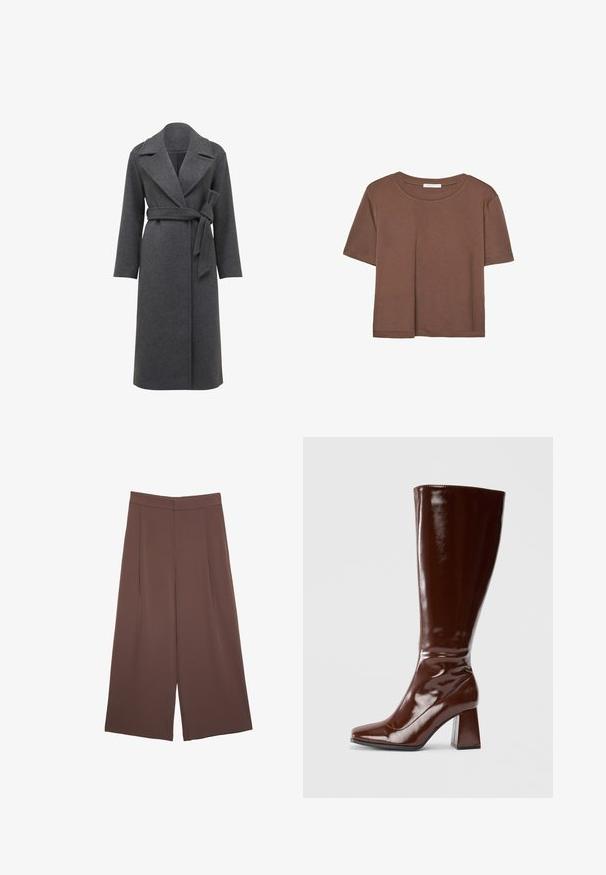 Grau wollener Mantel mit langen Ärmeln, breiten Revers und tailliertem Bund. Verfügt über eine gerade Silhouette und einen weichen, strukturierten Stoff.; Braunes, kurzärmliges T-Shirt aus weichem Material mit rundem Halsausschnitt und lockerer Passform. Keine sichtbaren Muster oder Akzente.; Braune Weite-Leg-Hosen mit einer glatten Textur, hoher Taille und Vorderfalten. Der Stoff ist leicht und fällt locker.; Knöchelhohe braune Lacklederstiefel mit quadratischer Spitze, glänzender Oberfläche und stabilen Blockabsätzen. Nahtloses Design ohne sichtbare Beschläge.