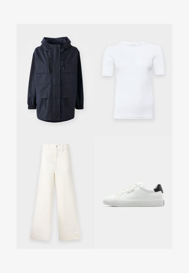 Navy blue waterproof jacket with a hood, two large front pockets, adjustable drawstrings, and elastic cuffs. Made from durable fabric.; White short-sleeve t-shirt made of cotton. Features a round neckline and a smooth texture, with minimal stitching visible at the hem.; Wide-leg trousers in light beige cotton. Features a high waist, front pockets, and a straight cut. Clean hem finishing without patterns.; White sneaker with a smooth finish, black heel accent, and lace-up design. Features "Calvin Klein" branding on the side. Minimalist style.