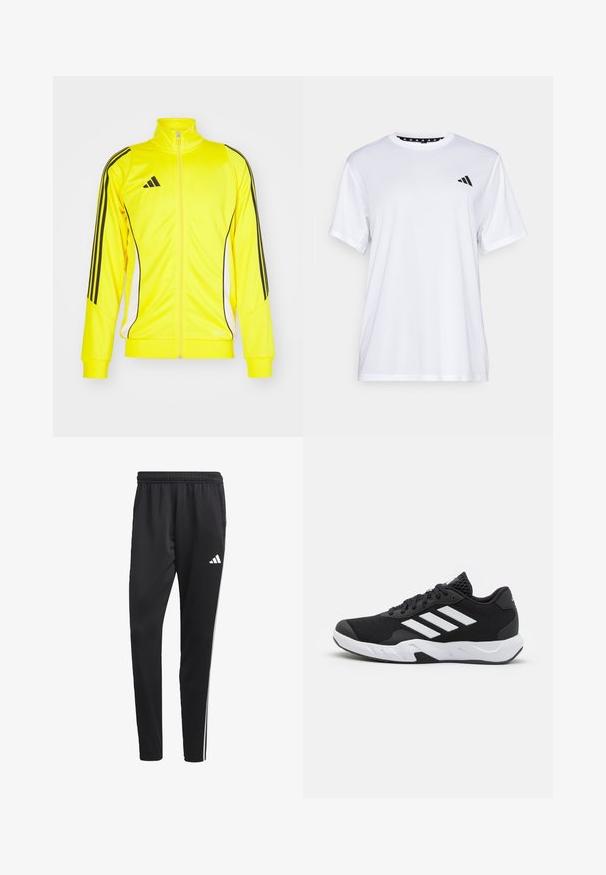 Gelbe Sportjacke mit schwarzen Streifen und Akzenten. Verfügt über einen hohen Kragen und einen Reißverschluss, besteht aus weichem Material.; Weißes sportliches T-Shirt mit kurzen Ärmeln, aus feuchtigkeitsableitendem Material. Mit einem schwarzen Logo auf der linken Brust und einem gemusterten Innenkragen.; Schwarze Sporthose mit einem dehnbaren Bund, weißen Seitenstreifen und einem kleinen weißen Logo auf dem Oberschenkel. Hergestellt aus einem glatten, leichten Material.; Schwarze Sportschuhe mit einem strukturierten Mesh-Obermaterial, weißen Akzentstreifen, einer gepolsterten Sohle und einer verstärkten Ferse für Unterstützung.