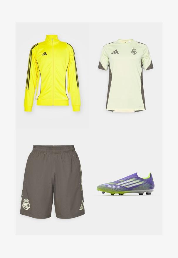 Sárga sportdzseki fekete csíkokkal és részletekkel. Magas gallérral és cipzáros zárással rendelkezik, puha anyagból készült.; Világos zöld, rövidujjú póló sötétszürke részletekkel, csapatlogóval a mellrészen. Lélegző anyagból készült, nedvességelvezető technológiával.; Szürke sportos rövidnadrág, elasztikus derékkal, világoszöld oldalsávokkal, és fehér Real Madrid logóval a bal alsó szegélyen.; Lila és zöld focicipő, letisztult dizájnnal, texturált felsőrésszel, csíkozott mintákkal és áttetsző talppal.
