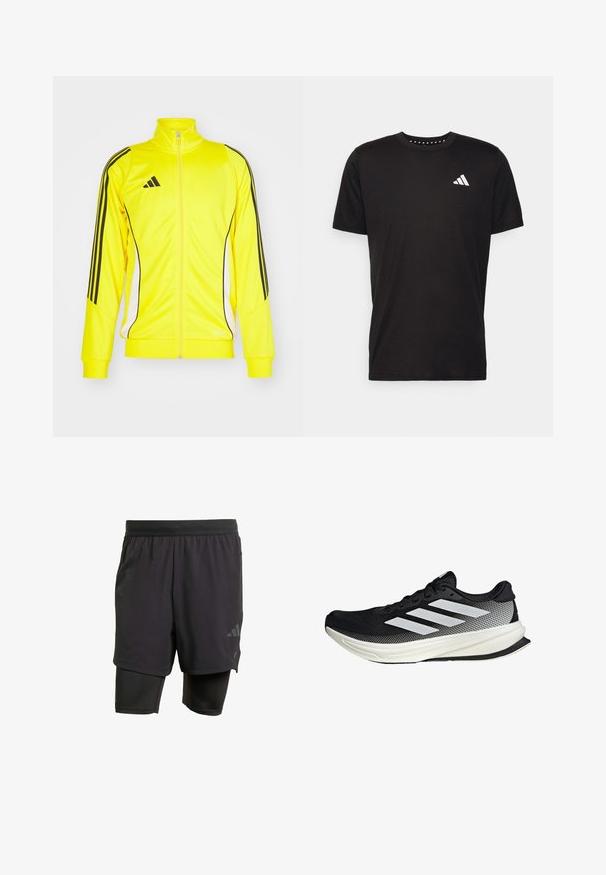 Geel sportjack met zwarte strepen en accenten. Beschikt over een hoge kraag en ritssluiting, gemaakt van zacht materiaal.; Zwarte katoenen t-shirt met korte mouwen, ronde hals en een wit logo op de linkerkant van de borst. Gladde textuur en eenvoudig ontwerp.; Zwarte sportshorts met geïntegreerde binnenlaag, gemaakt van ademend materiaal. Bevat een subtiele logo en gestructureerde textuur. Verstelbare tailleband.; Zwarte sportieve schoen met een mesh ontwerp, voorzien van witte strepen, een ronde neus en een gestructureerde zool voor grip en ondersteuning.