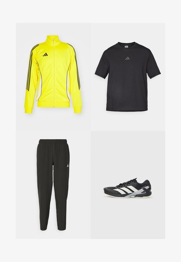 Kollane spordijope mustade triipude ja aktsentidega. Omab kõrget krae ja lukku, valmistatud pehmest materjalist.; Must väga hästi hingavast materjalist must sportlik T-särk, millel on lühikesed varrukad, ümmargune kaelus ja peegeldav logo rinnal.; Mustavad spordipüksid elastse vöökoha, kitsas lõige ja valge logo vasakul jalal. Sile, kerge kangas.; Mustad sportlik jalanõud mustade värvidega, valgete triipudega, võrgusilma pealmine osa, ümar varvas ja pehme tallaga. Omab tekstureeritud kontsa ja kindlat paeltesüsteemi.