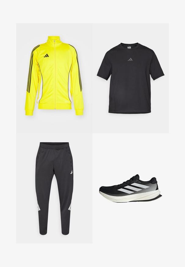 Gul atletisk jakke med sorte striber og detaljer. Har høj krave og lynlås lukning, lavet af blødt materiale.; Sort atletisk t-shirt lavet af åndbart materiale, med korte ærmer, rund hals og et reflekterende logo på brystet.; Sorte atletikbukser med smalle ben, elastisk taljebånd, sidelommer og hvide logoer samt stribedetaljer. Fremstillet af et glat, let materiale.; Sort atletisk sko med mesh-design, der har hvide striber, en rund tå og en tekstureret sål for greb og støtte.