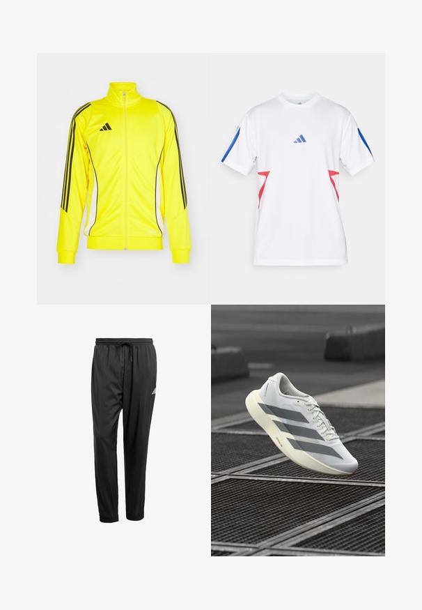 Rumena športna jakna z črnimi črtami in detajli. Ima visok ovratnik in zadrgo, izdelana je iz mehkega materiala.; Bela športna majica iz lahkega mrežastega materiala, z modrimi poudarki na rokavih in rdečimi trikotnimi dizajni na straneh. Prikazana Adidasova značka.; Črne atletske hlače z elastičnim pasom, vrvico, manšetami na gležnjih in majhnim belim logotipom na desni stegn.; Bela športna obutev z zgornjim delom iz teksturirane mrežice, opremljena s sivimi črtami in podloženim podplatom. Lahka zasnova, primerna za tek.