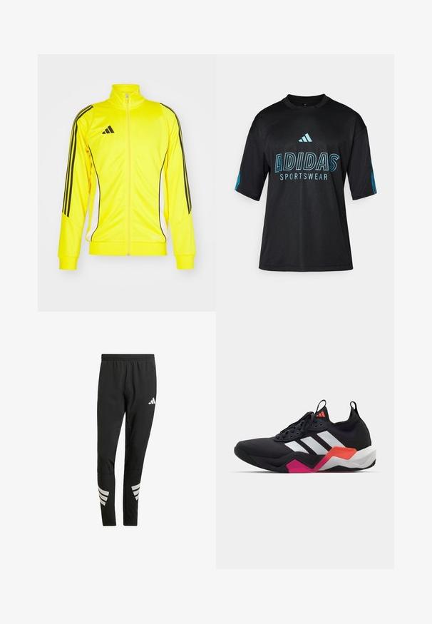 Rumena športna jakna z črnimi črtami in detajli. Ima visok ovratnik in zadrgo, izdelana je iz mehkega materiala.; Črna Adidas športna majica z mrežasto teksturo, kratkimi rokavi, okroglim ovratnikom ter modrim logotipom in besedilnimi podrobnostmi spredaj in na rokavih.; Črne športne hlače z elastiko v pasu, ki imajo odsevne bele poudarke v črtastem vzorcu na spodnjem delu nog. Narejene so iz gladkega materiala.; Črne športne čevlje z belimi črtami, teksturirano zgornjim delom in robustnim podplatom z oranžnimi, roza in belimi poudarki. Zavezovanje z vlečno spono.