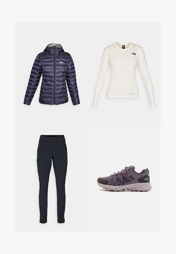 Jack Wolfskin PASSAMANI - Daunenjacke - graphite; The North Face SHADOW LONG SLEEVE - Langarmshirt - white dune; Schwarze Sporthose im Slim-Fit, mit elastischem Bund und einer seitlichen Gesäßtasche mit Reißverschluss. Glattes, dehnbares Material mit minimalen Nähten.; Leichte lila Wanderschuhe mit einem Obermaterial aus Mesh, schwarzen Akzenten, einer gepolsterten Sohle und einem robusten Profil für guten Halt.