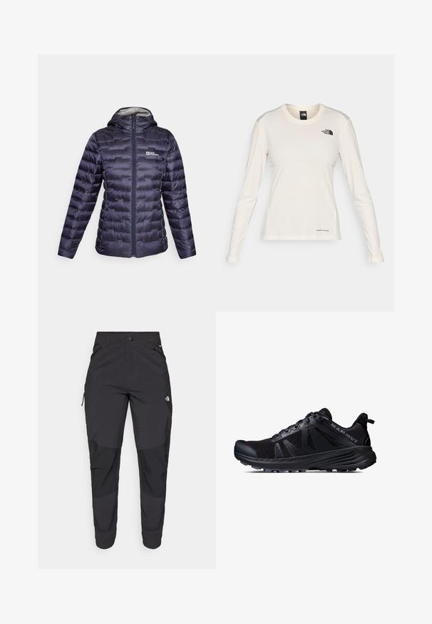 Jack Wolfskin PASSAMANI   - Down jacket - graphite; The North Face SHADOW LONG SLEEVE - Long sleeved top - white dune; Black outdoor pants made of durable fabric. Feature zippered pockets, reinforced knee panels, and a straight cut design for mobility.; Black trail running shoe with a mesh upper and rubber sole. Features textured overlays, reinforced toe cap, and brand logo on the heel.
