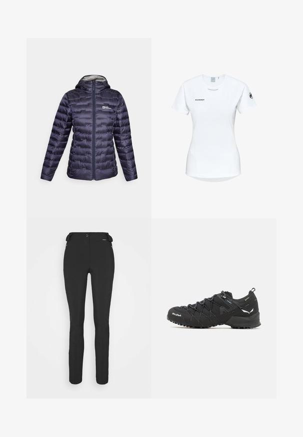 Jack Wolfskin PASSAMANI - Down jacket - graphite; Short-sleeve white athletic shirt with a round neckline, featuring a logo on the chest and a smooth, lightweight fabric texture.; Black, fitted pants made from a flexible material. Features include a zippered side pocket, articulated knees, and a smooth texture.; Black hiking shoes with a textured fabric upper, lacing system, and rugged rubber sole. Accented with reflective details and logos.