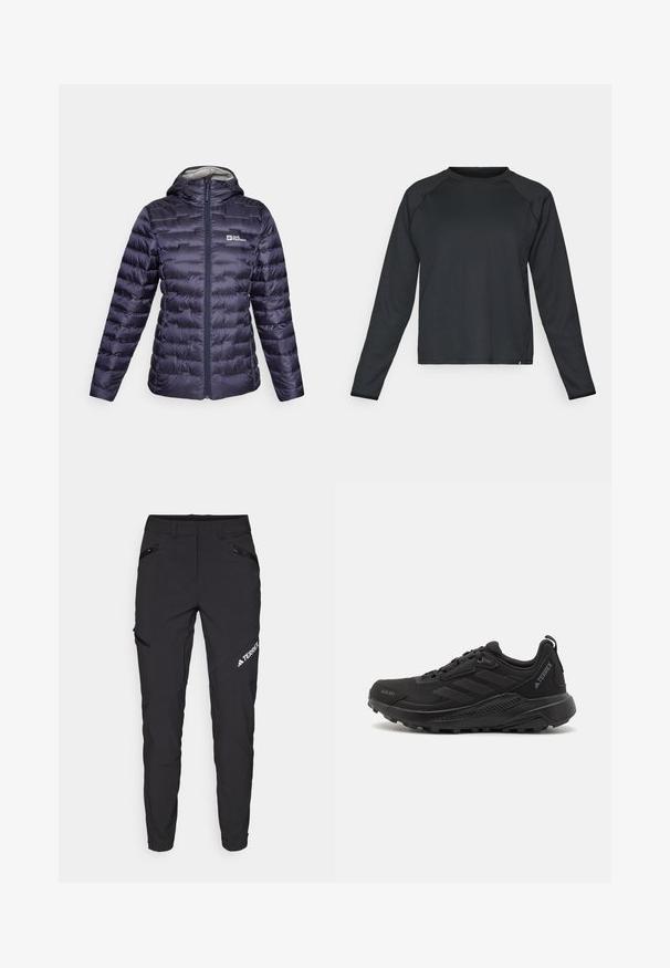 Jack Wolfskin PASSAMANI - Daunenjacke - graphite; Schwarzes Langarmshirt aus strukturiertem, geripptem Stoff. Mit Rundhalsausschnitt und abgerundetem Saum, ideal für Sportbekleidung.; Schwarze Outdoor-Hosen in slim fit mit Reißverschlusstaschen, verstärkten Knien und einem Logo auf der linken Seite. Hergestellt aus strapazierfähigem, leichtem Material.; Schwarze Sportschuhe mit einer strukturierten, synthetischen Oberseite, Schnürverschluss, dicke Gummisohle und dezenten Logo-Akzenten an der Seite und der Ferse.