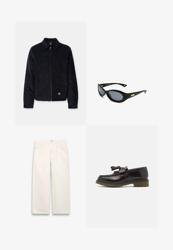 Svart kordjacka med krage, framdragkedja, två sidofickor och en liten logotyp på den nedre vänstra sidan. Strukturerad tyg.; Vit kortärmad t-shirt i bomull, med rund halsringning och avslappnad passform med rak nederkant. Inga mönster eller dekorationer.; Vita vida jeans i denim med hög midja, med knäppning, fem fickor och subtila stickdetaljer. Ren, minimalistisk design.; Bruna läderloafers med vävd design, tofsdetalj och en platt gummisula. Har en slät yta och kontrasterande sömmar.; Svarta solglasögon med ovala linser, matt ram och en gyllene detalj på bågarna. Mörkgrå linser ger UV-skydd.